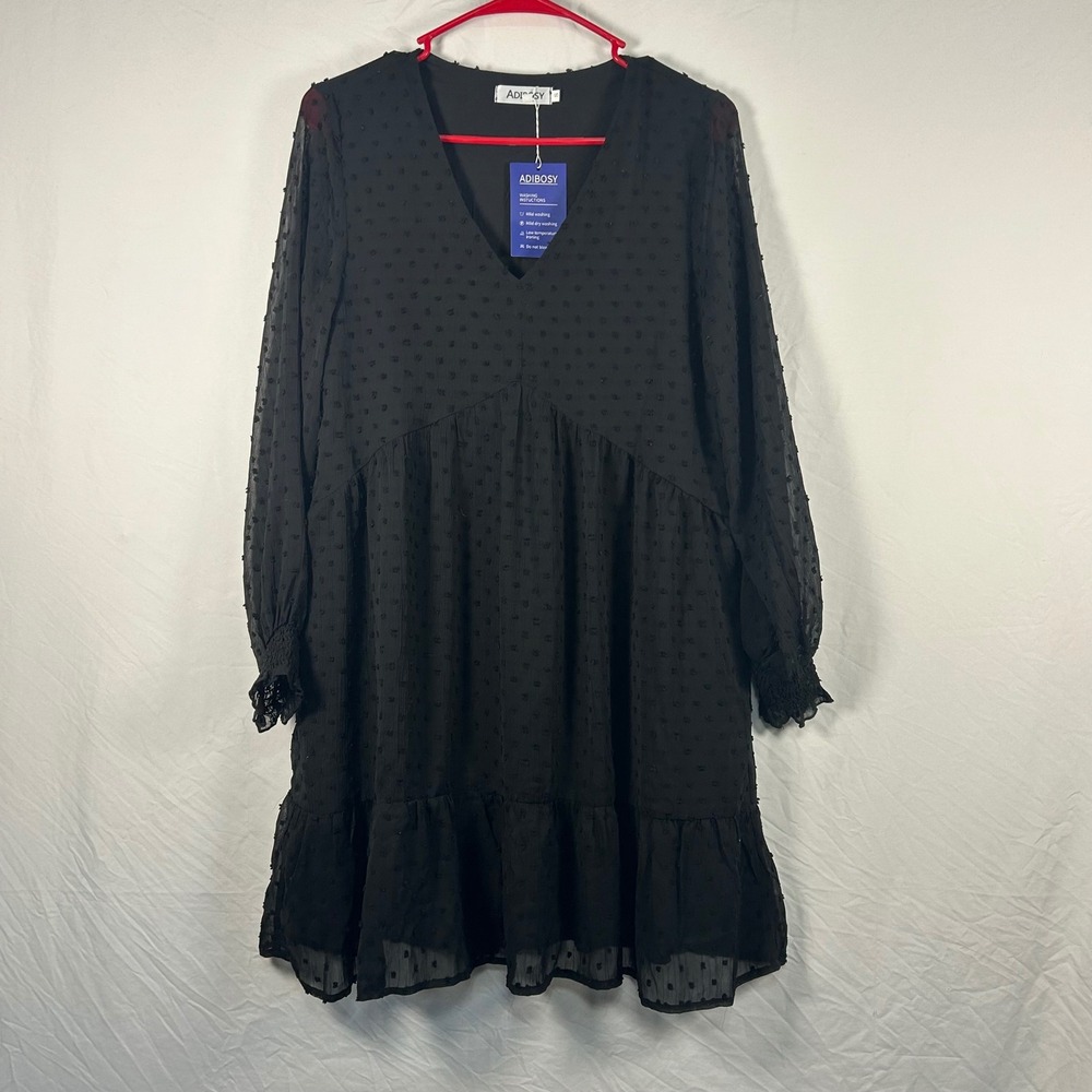 Adibosy Swiss Dot Mini Dress Women Small Black Long Sleeve V-Neck Ruffle Hem NWT